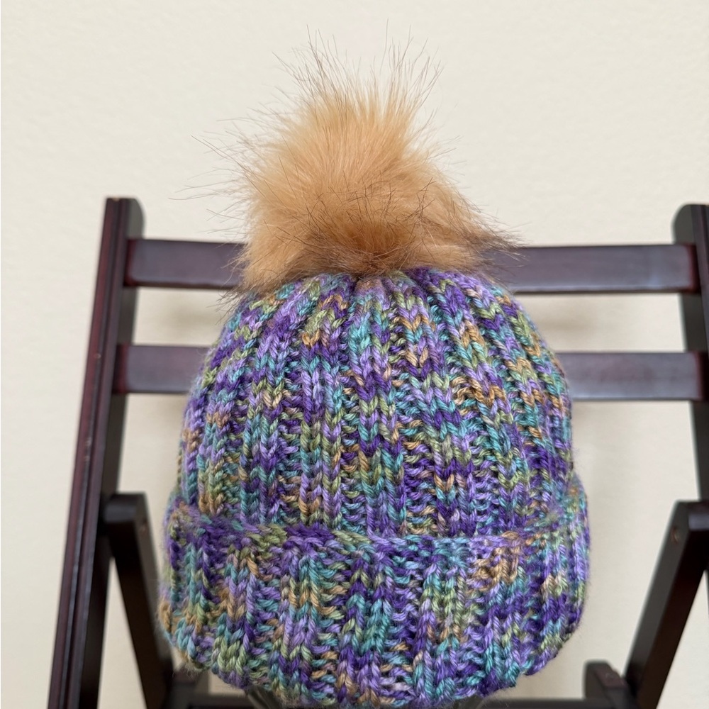 Multicolor Knit Beanie with Faux Fur Pom
